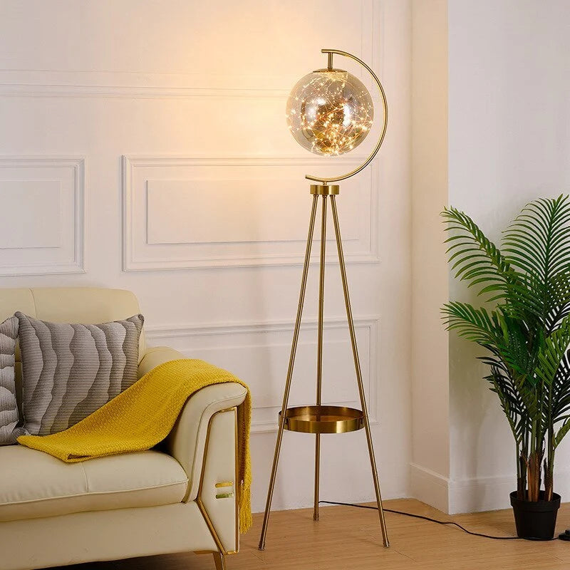 Floor Lamp | Glass Globe & Metal Tripod | Warm Light