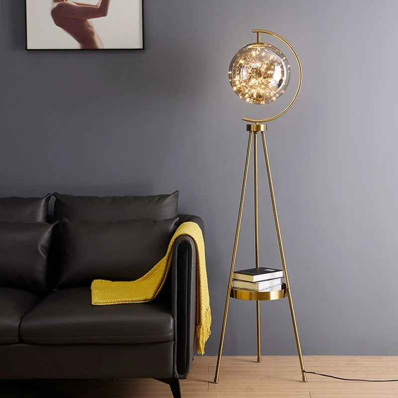 Floor Lamp | Glass Globe & Metal Tripod | Warm Light
