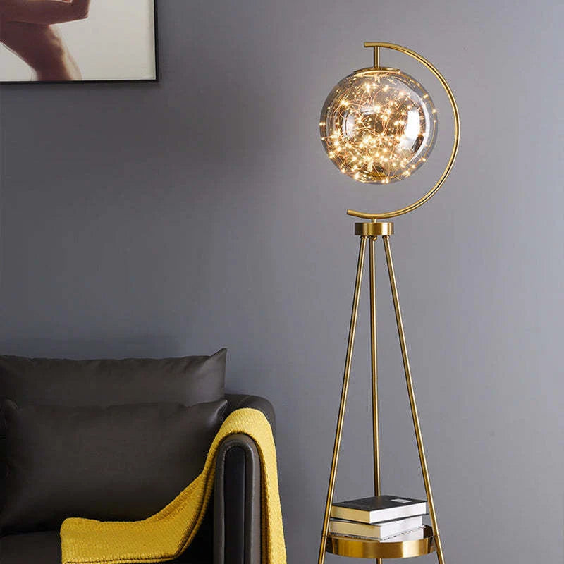 Floor Lamp | Glass Globe & Metal Tripod | Warm Light