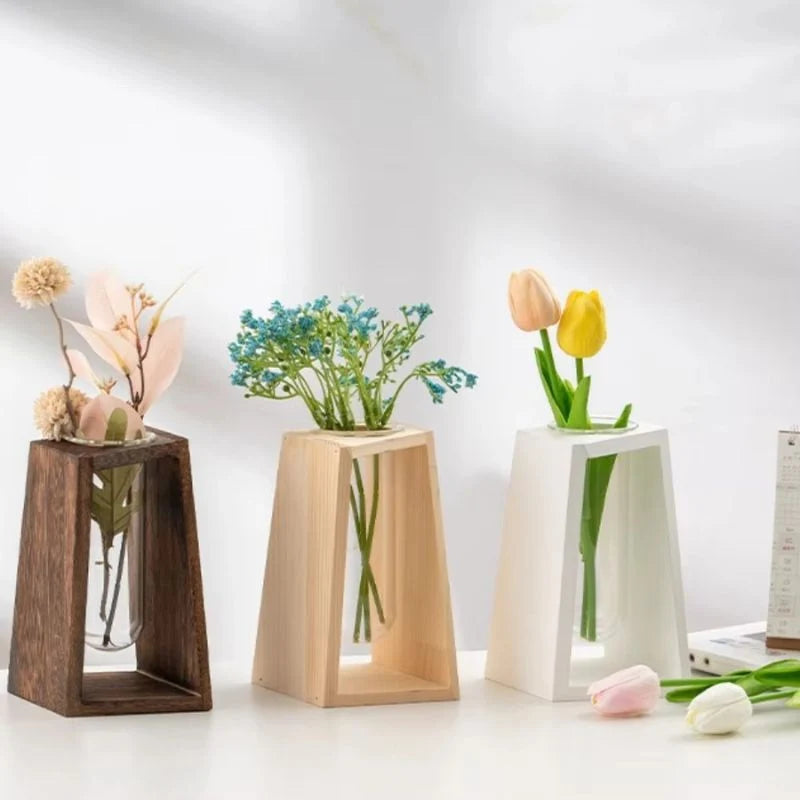 Flower Vase | Slim Tubular & Wood Stand