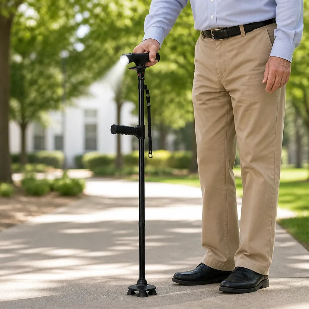 Foldable Walking Cane | Lightweight Aluminum & 4-Point Base | Adjustable 74–97 cm