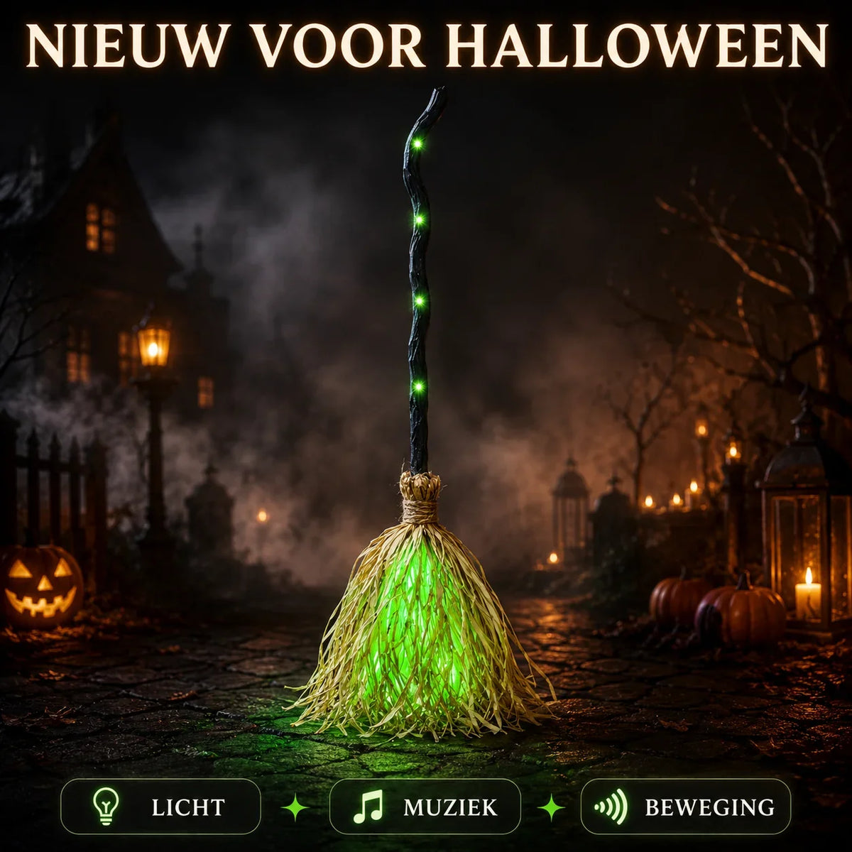 Halloween Witch Broom | Animated Movement & LED Lights | Battery-Powered
