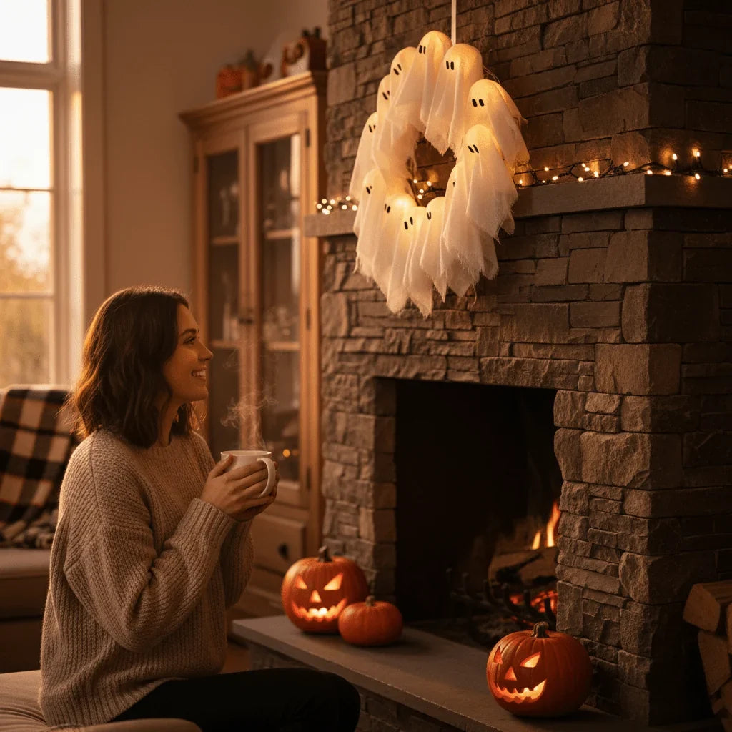 Halloween Wreath | LED Ghost Design & Energy-Efficient | 35 x 35 cm
