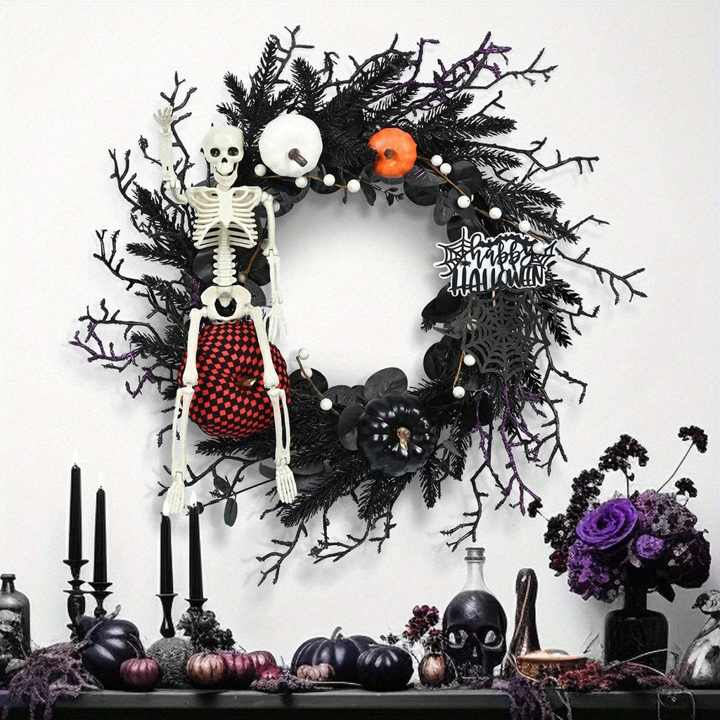 Halloween Wreath | Movable Full-Body Skeleton & Artificial Pumpkins | Indoor/Outdoor