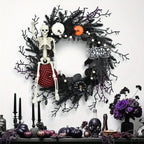 Halloween Wreath | Movable Full-Body Skeleton & Artificial Pumpkins | Indoor/Outdoor