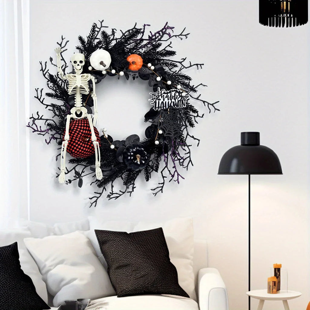 Halloween Wreath | Movable Full-Body Skeleton & Artificial Pumpkins | Indoor/Outdoor