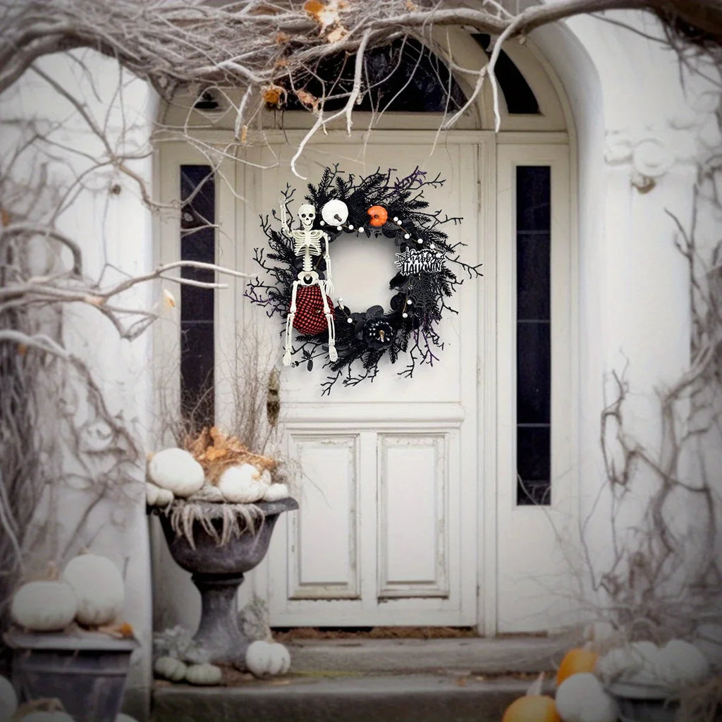 Halloween Wreath | Movable Full-Body Skeleton & Artificial Pumpkins | Indoor/Outdoor
