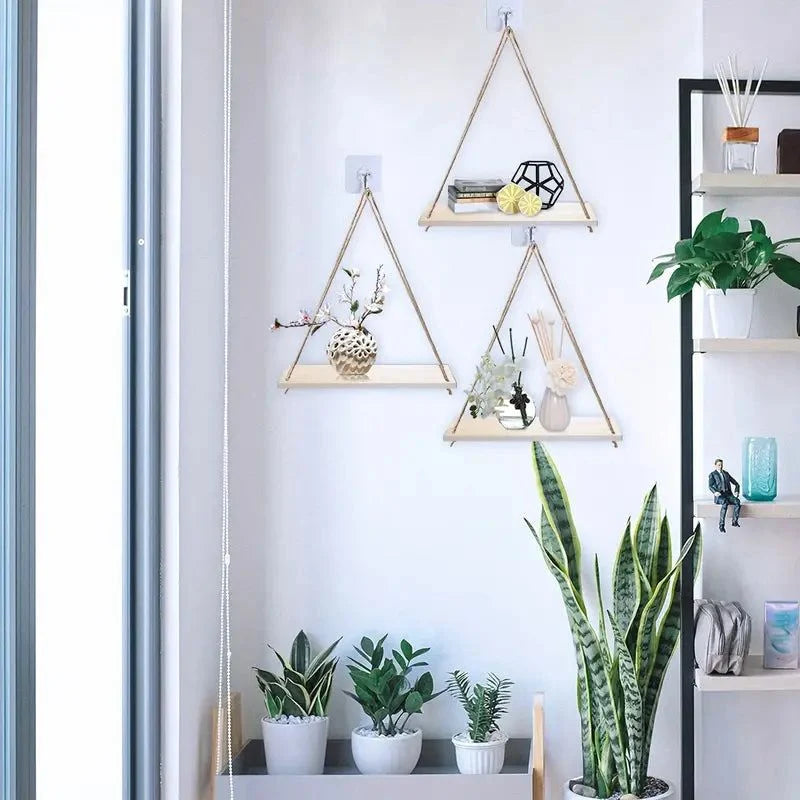 Hanging Wall Shelf | Rope-Supported Wood | Compact