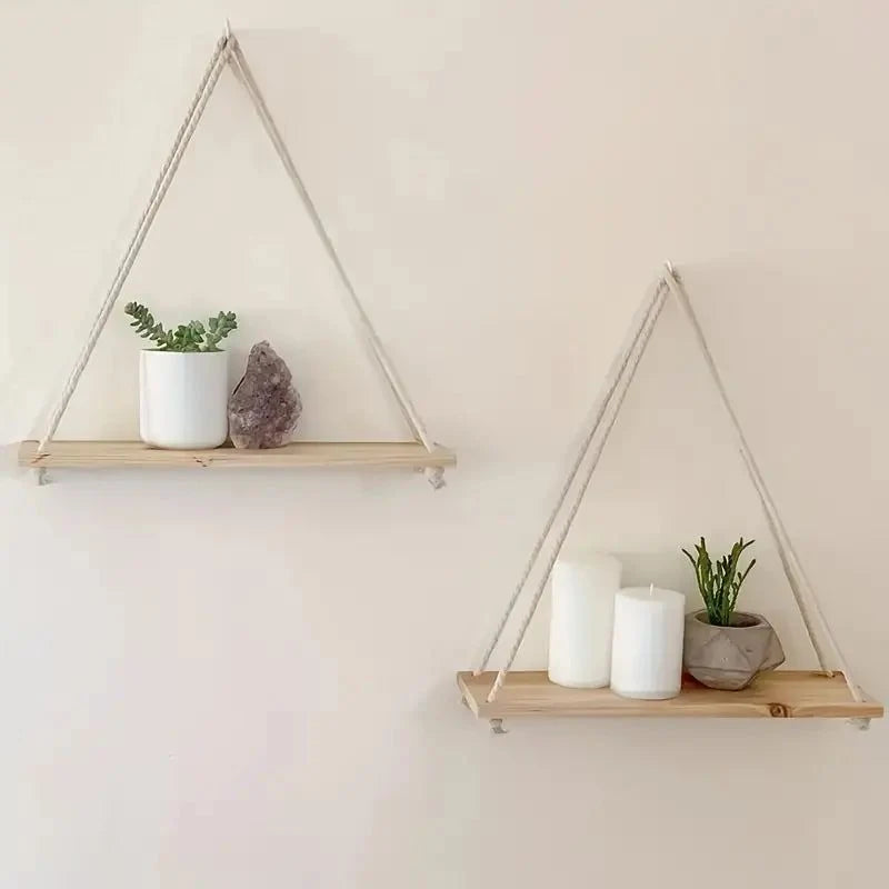 Hanging Wall Shelf | Rope-Supported Wood | Compact