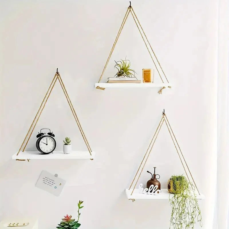 Hanging Wall Shelf | Rope-Supported Wood | Compact