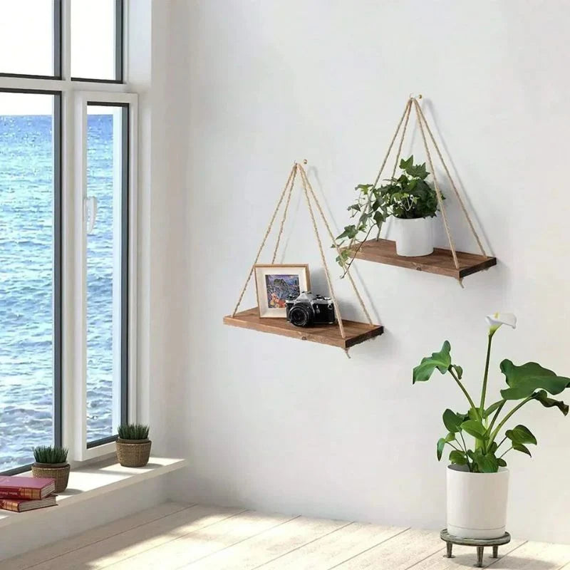Hanging Wall Shelf | Rope-Supported Wood | Compact