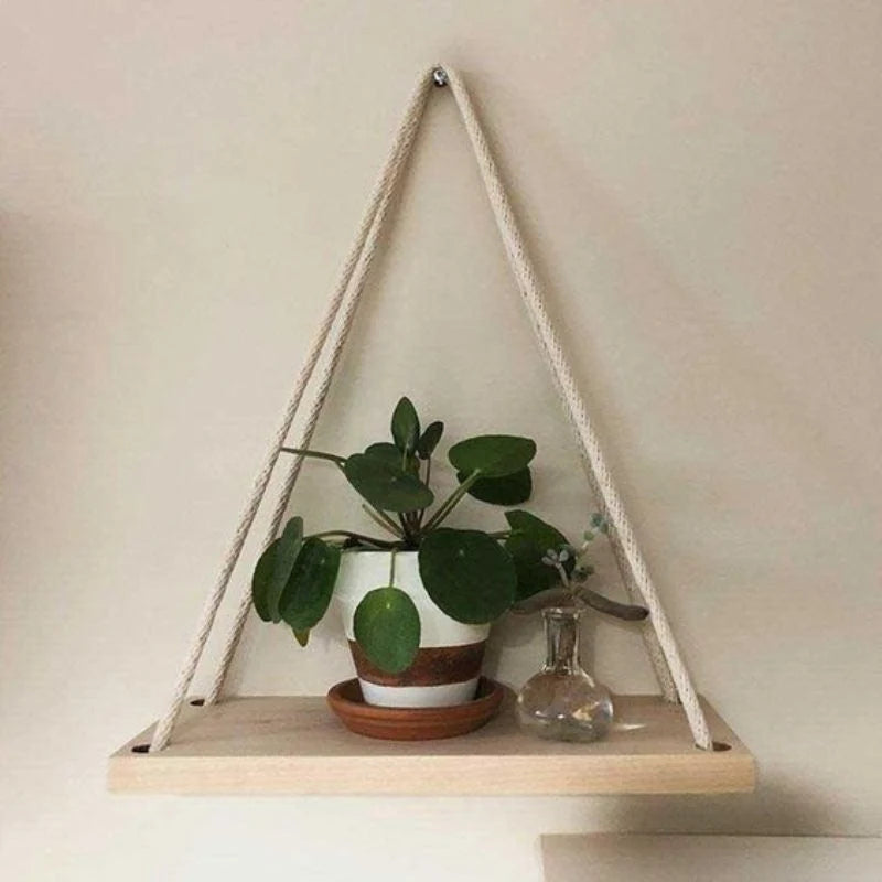 Hanging Wall Shelf | Rope-Supported Wood | Compact