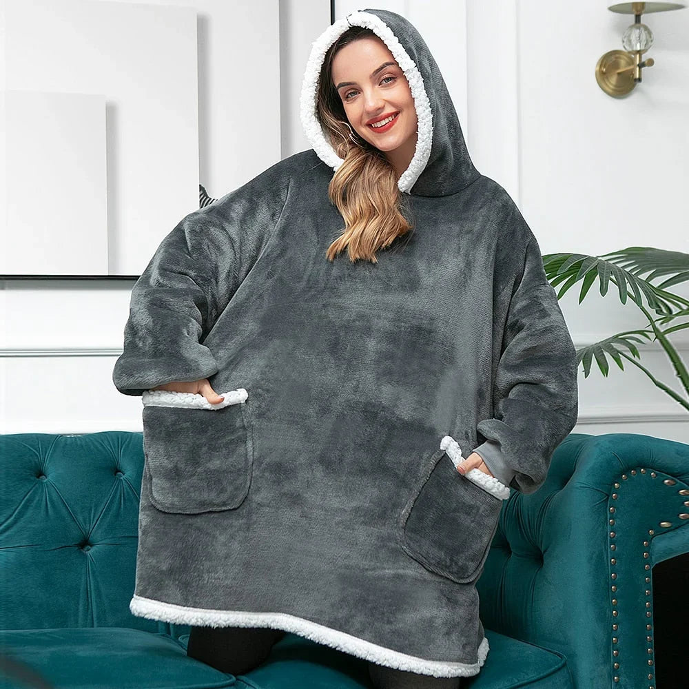 Hooded Blanket | Ultra-Soft Fleece & Wool Hood & Pockets | One Size