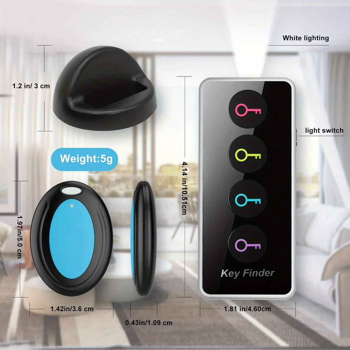 Key Finder Set | 4 Color-Coded Trackers With LED & Remote | Up To 30 m Range
