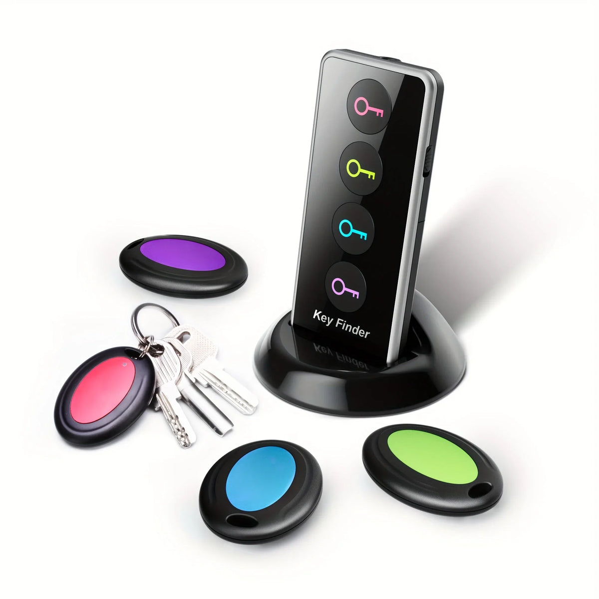 Key Finder Set | 4 Color-Coded Trackers With LED & Remote | Up To 30 m Range