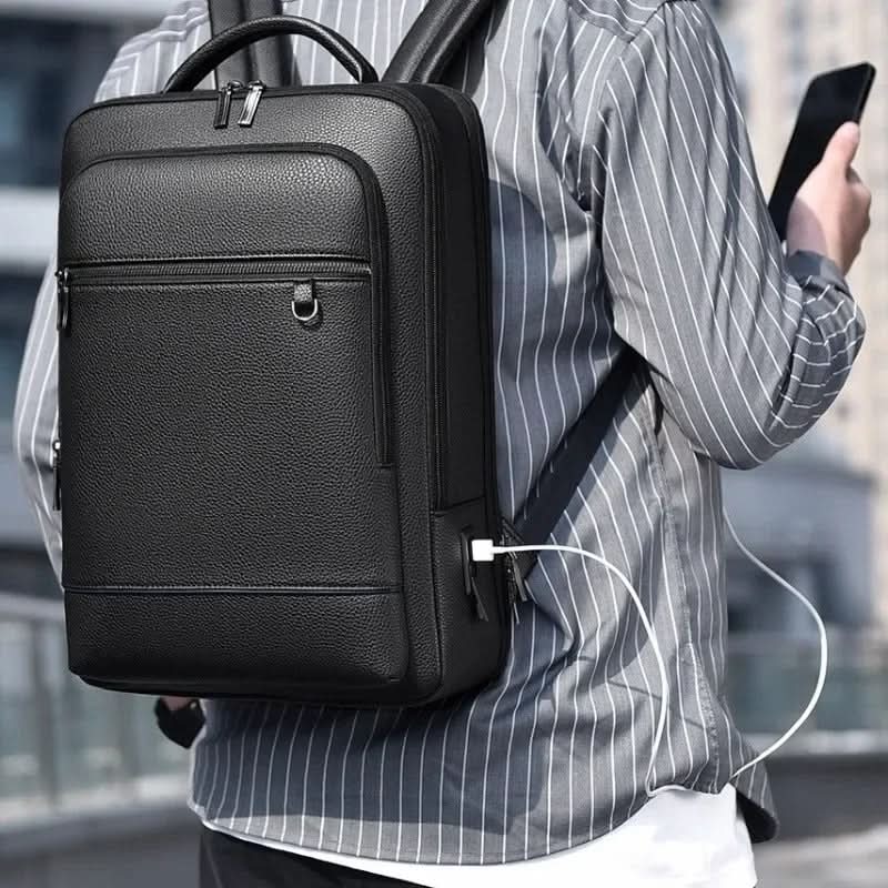 Laptop Backpack | PU Leather & Integrated USB Charging | Fits 15.6-Inch Laptops