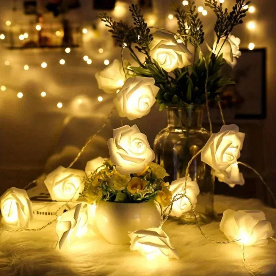 LED String Lights | Battery-Powered Warm White & Artificial Roses | 2 m
