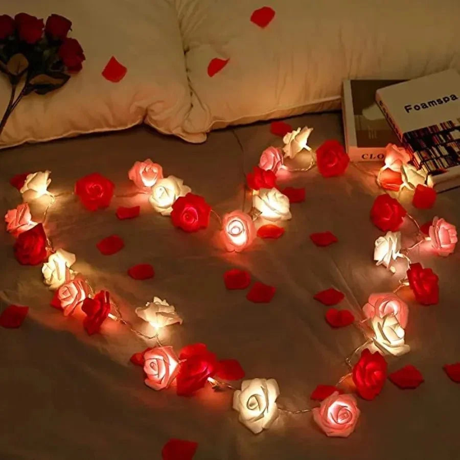 LED String Lights | Battery-Powered Warm White & Artificial Roses | 2 m