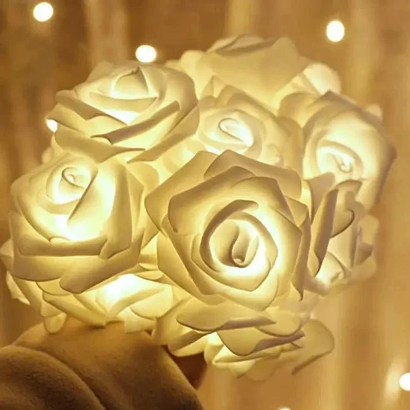 LED String Lights | Battery-Powered Warm White & Artificial Roses | 2 m