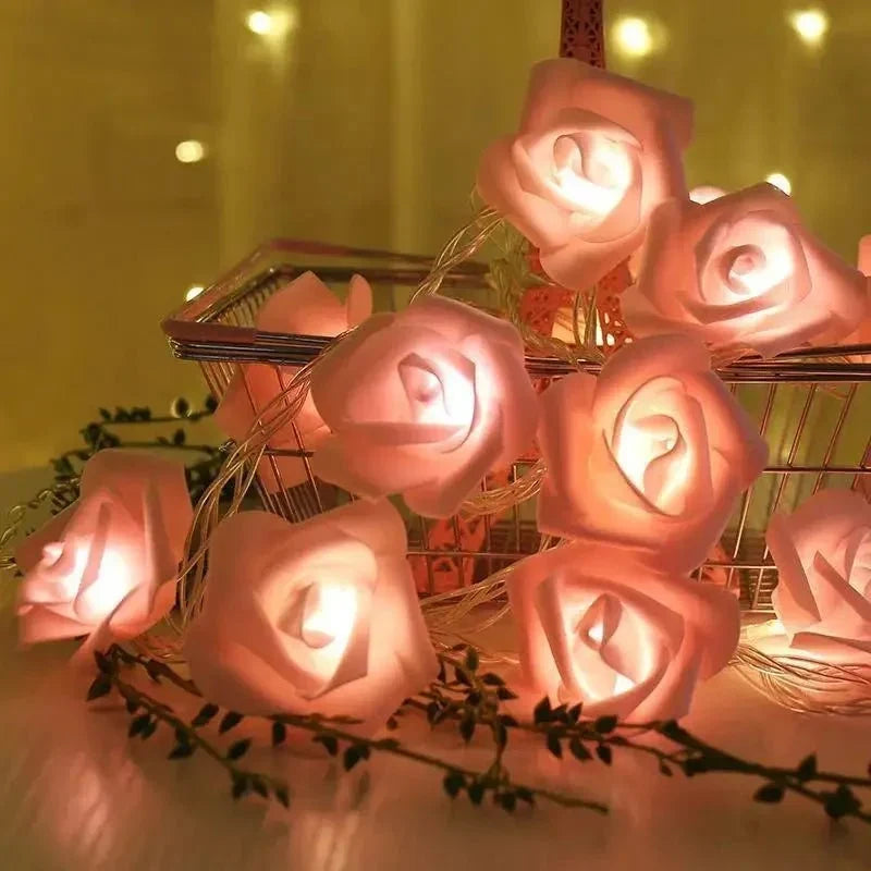 LED String Lights | Battery-Powered Warm White & Artificial Roses | 2 m
