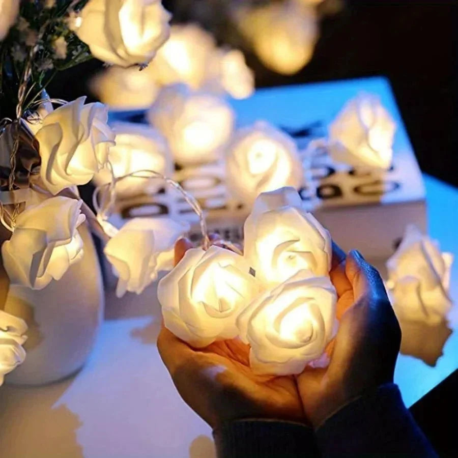 LED String Lights | Battery-Powered Warm White & Artificial Roses | 2 m