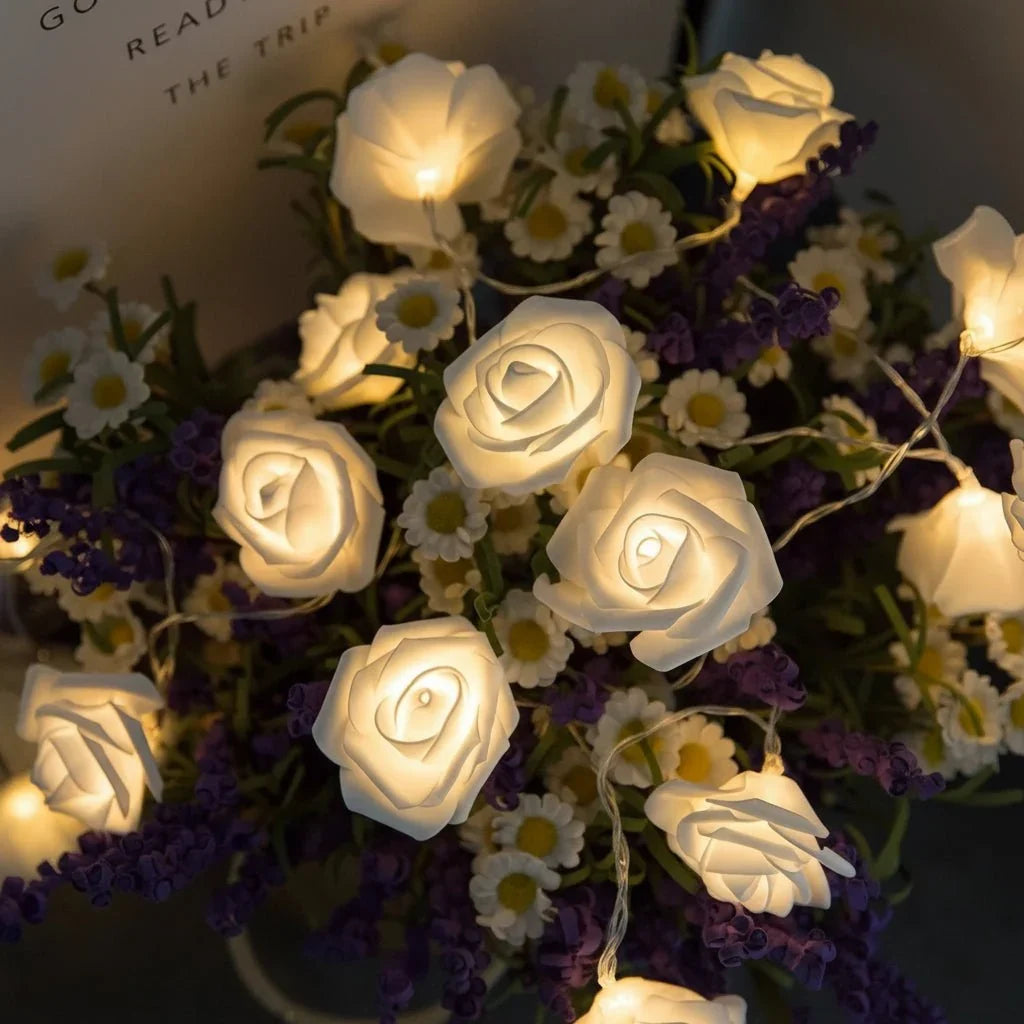 LED String Lights | Battery-Powered Warm White & Artificial Roses | 2 m