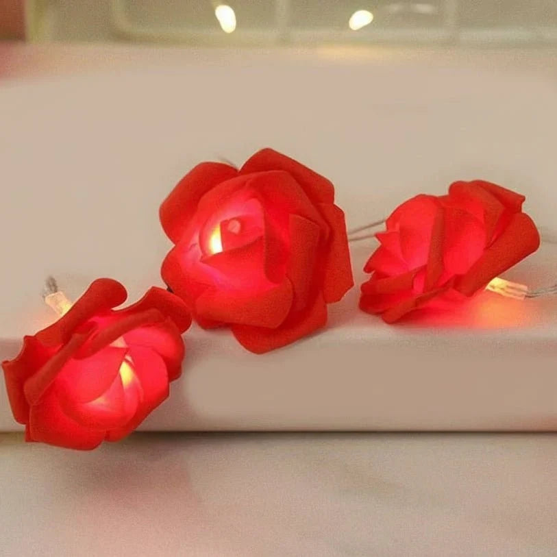 LED String Lights | Battery-Powered Warm White & Artificial Roses | 2 m