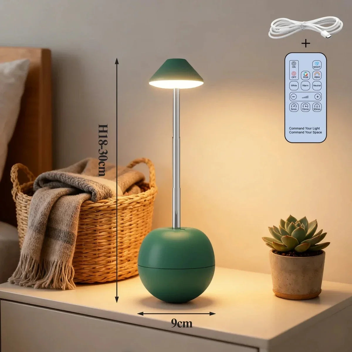 Nightstand Lamp | Remote Control, USB Charging & Energy-Saving LED | 30 x 15 cm