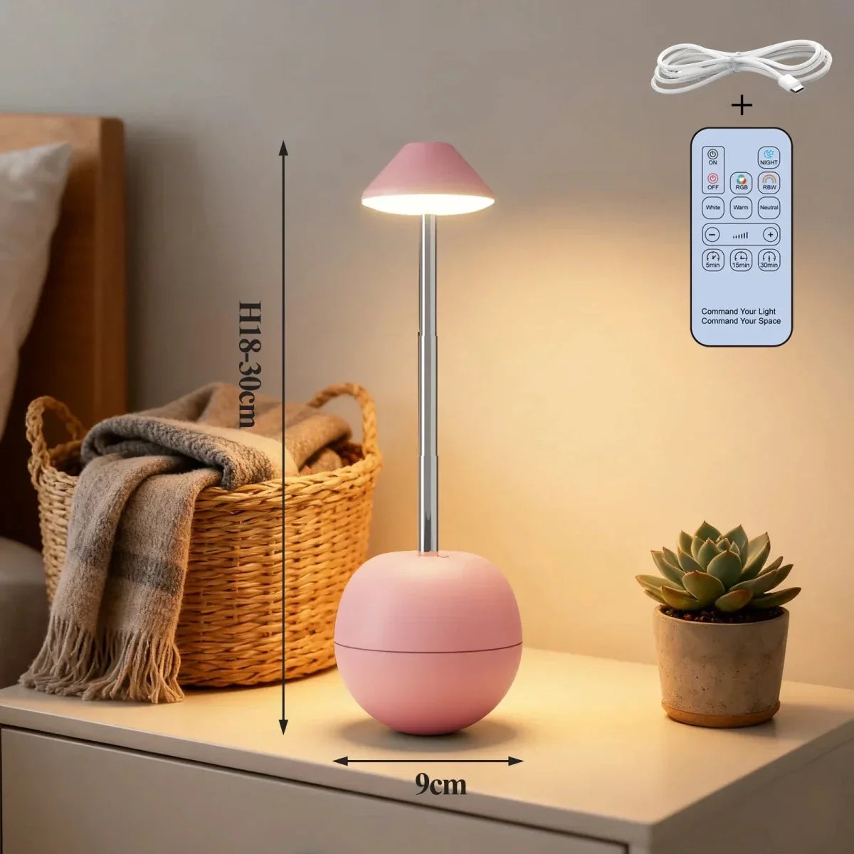 Nightstand Lamp | Remote Control, USB Charging & Energy-Saving LED | 30 x 15 cm