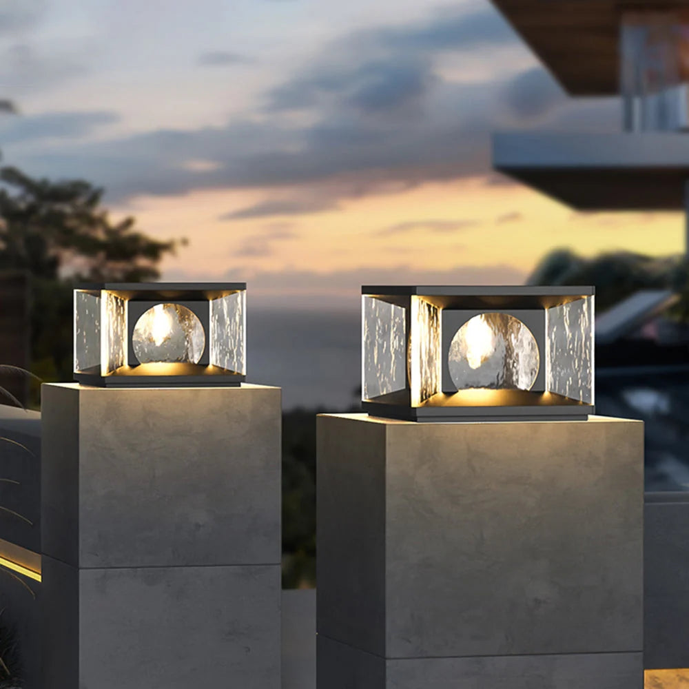 Outdoor Pillar Light | Metal & Glass Warm Glow | Solar/Hardwired