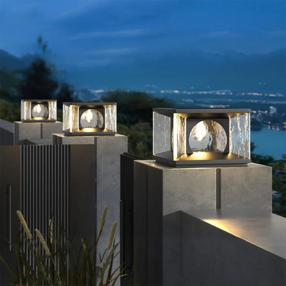 Outdoor Pillar Light | Metal & Glass Warm Glow | Solar/Hardwired