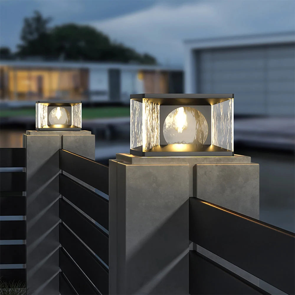 Outdoor Pillar Light | Metal & Glass Warm Glow | Solar/Hardwired