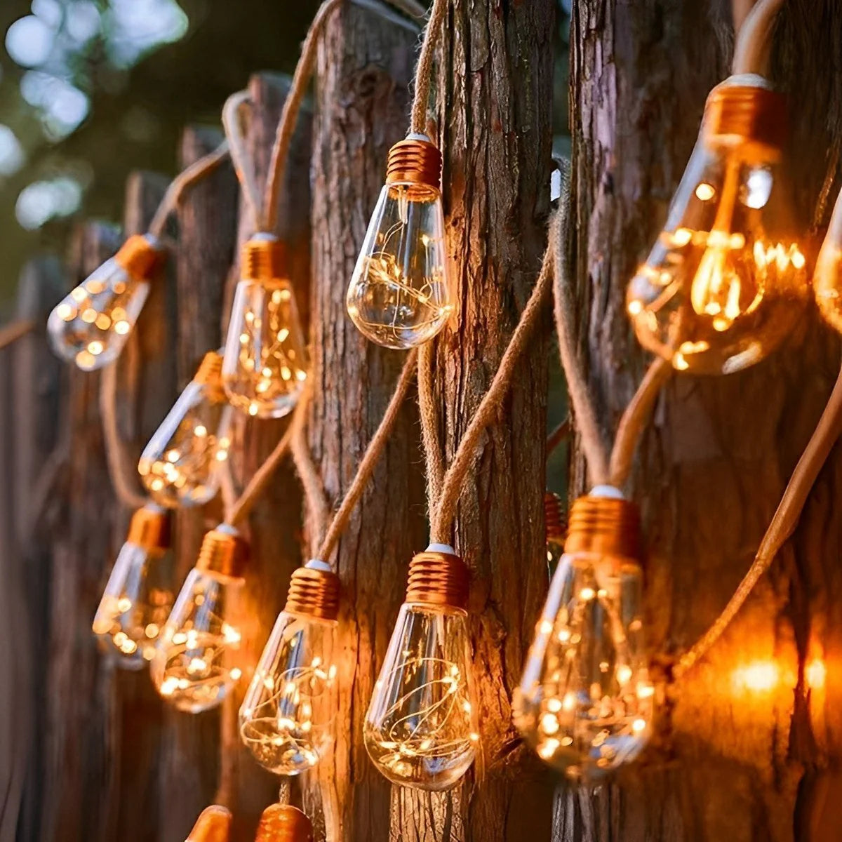 Outdoor String Lights | Solar-Powered Filament LEDs & Hemp Rope