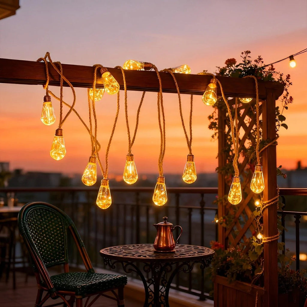 Outdoor String Lights | Solar-Powered Filament LEDs & Hemp Rope