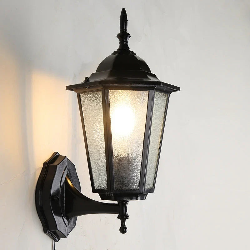 Outdoor Wall Light | Hexagonal Aluminum & Frosted Glass | Hardwired E26 Socket