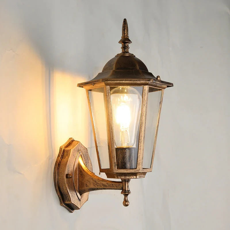 Outdoor Wall Light | Hexagonal Aluminum & Frosted Glass | Hardwired E26 Socket