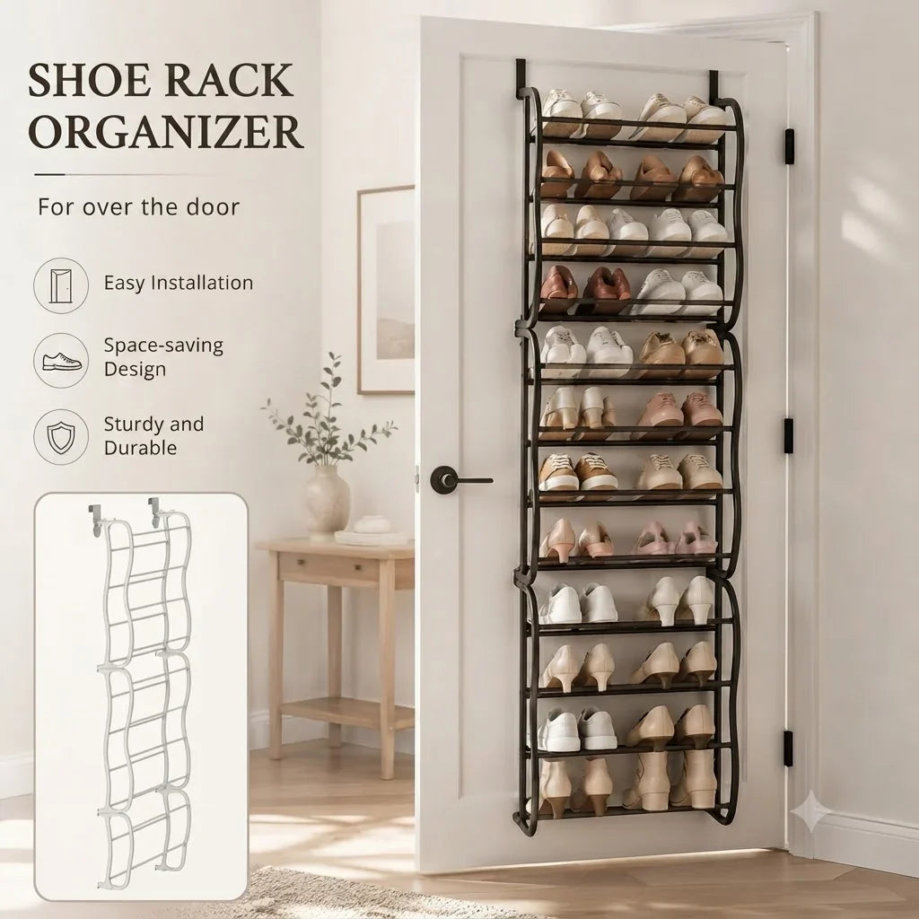 Over-The-Door Shoe Rack | Drill-Free & Angled Shelves | Holds Up To 36 Pairs