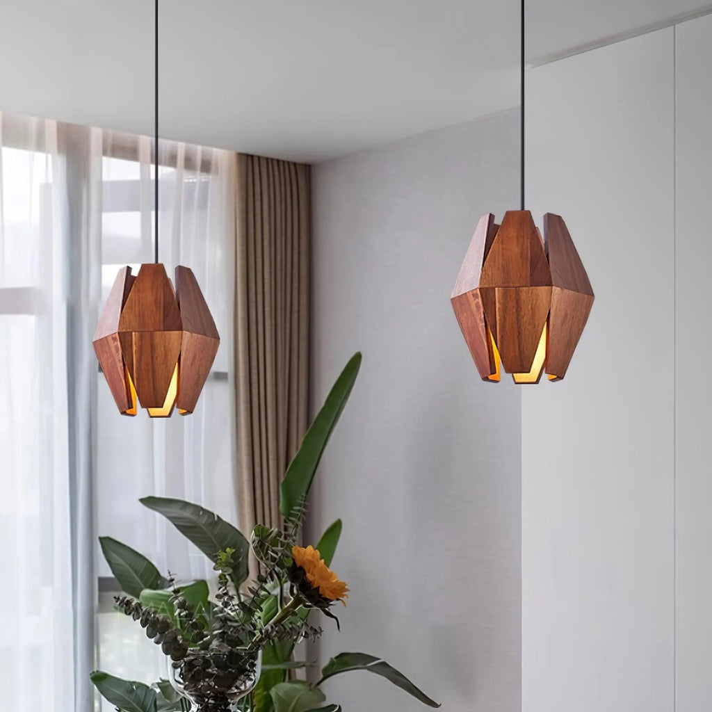 Pendant Lamp | Geometric Wood Shade & Metal Fixture | Dimmer Compatible