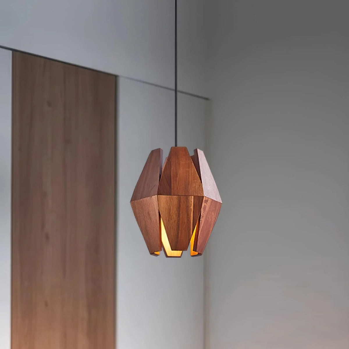 Pendant Lamp | Geometric Wood Shade & Metal Fixture | Dimmer Compatible