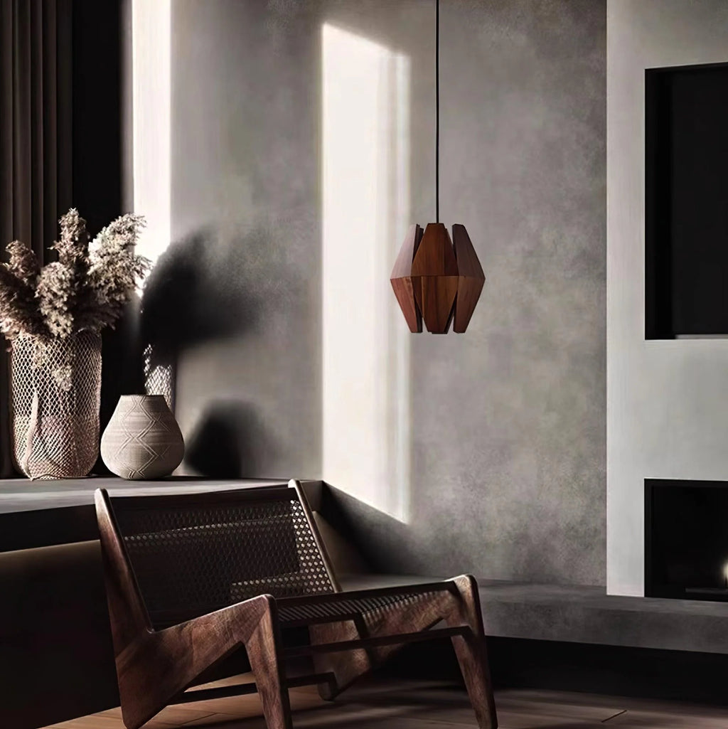 Pendant Lamp | Geometric Wood Shade & Metal Fixture | Dimmer Compatible