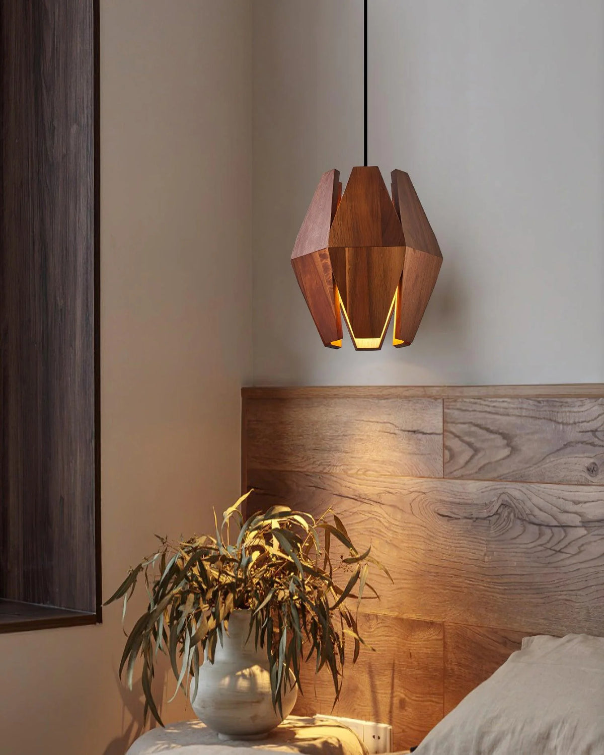 Pendant Lamp | Geometric Wood Shade & Metal Fixture | Dimmer Compatible