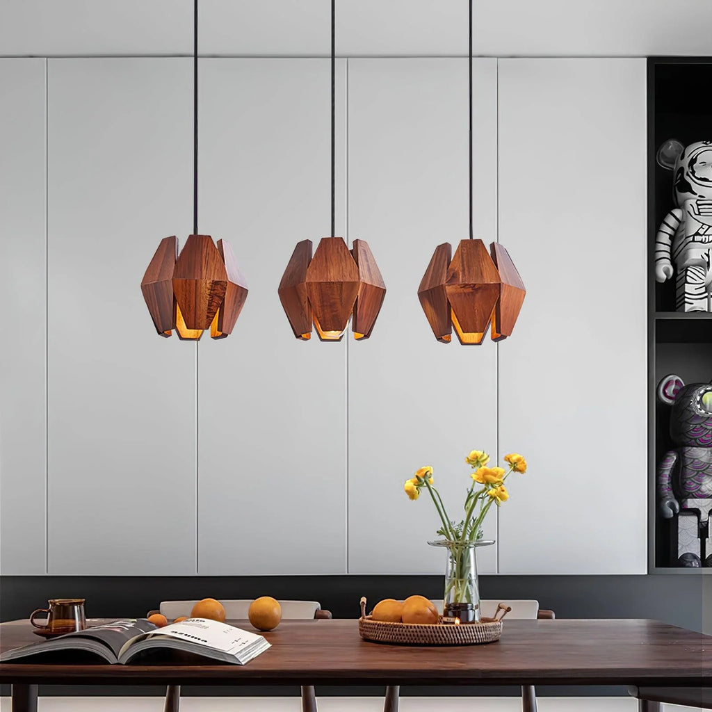Pendant Lamp | Geometric Wood Shade & Metal Fixture | Dimmer Compatible