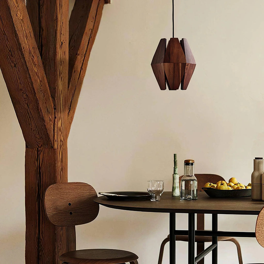 Pendant Lamp | Geometric Wood Shade & Metal Fixture | Dimmer Compatible