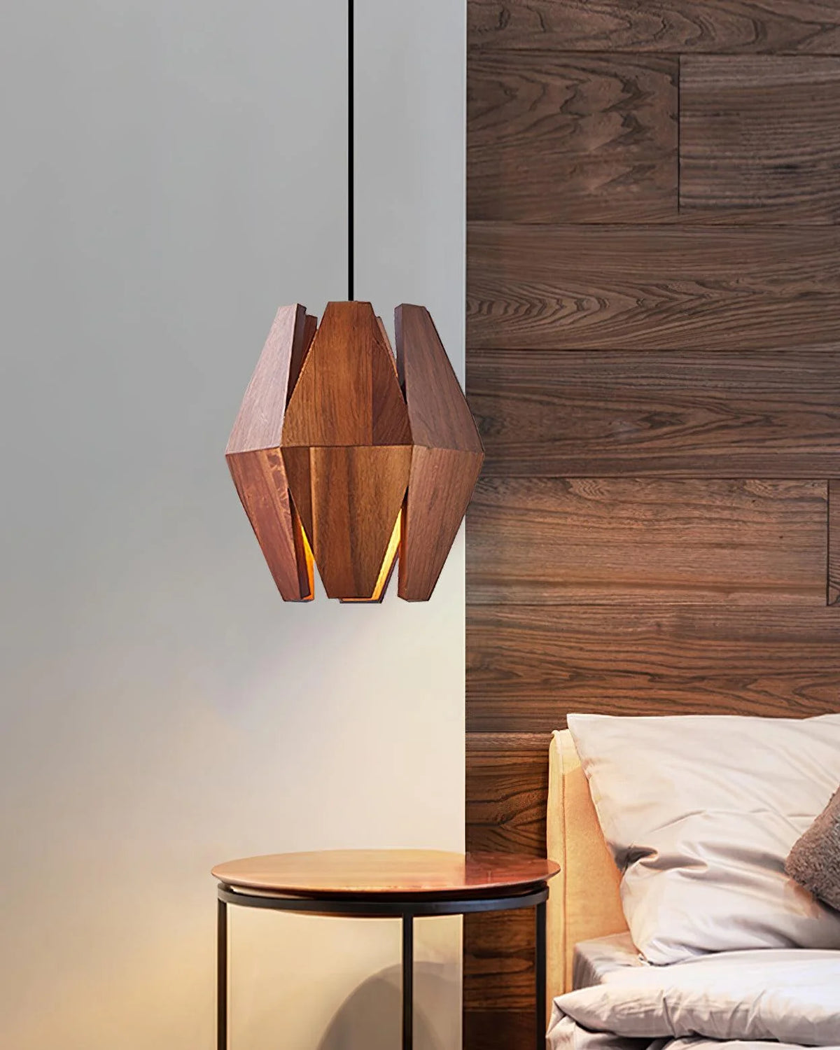 Pendant Lamp | Geometric Wood Shade & Metal Fixture | Dimmer Compatible
