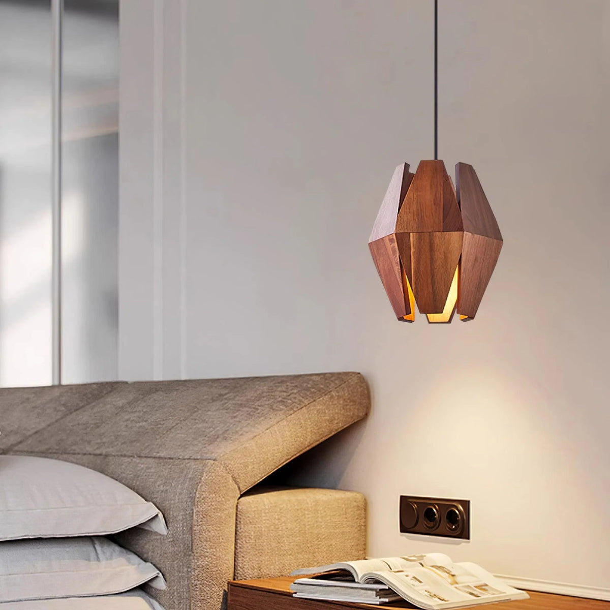 Pendant Lamp | Geometric Wood Shade & Metal Fixture | Dimmer Compatible