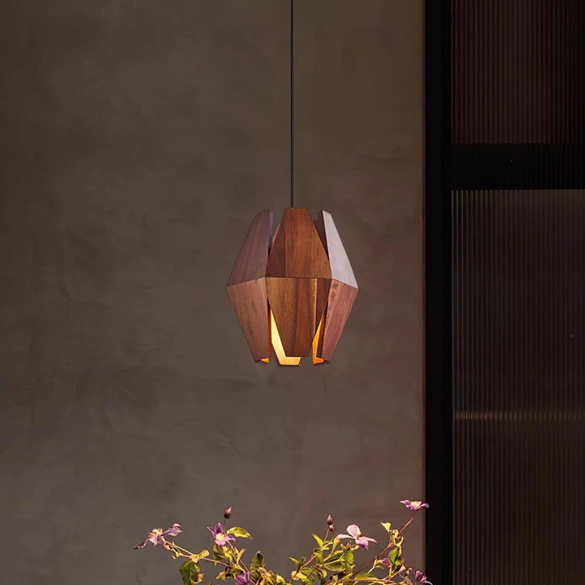 Pendant Lamp | Geometric Wood Shade & Metal Fixture | Dimmer Compatible