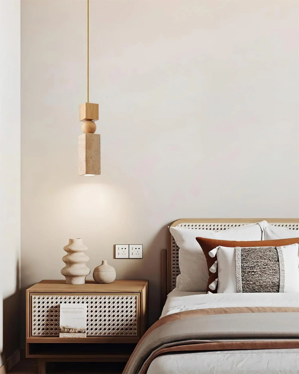 Pendant Lamp | Wood & Travertine Nordic Minimalist | 28 cm Height