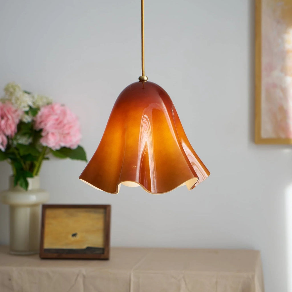 Pendant Light | Bell-Shaped Glass & Brass | Adjustable Cord, 11 in Diameter