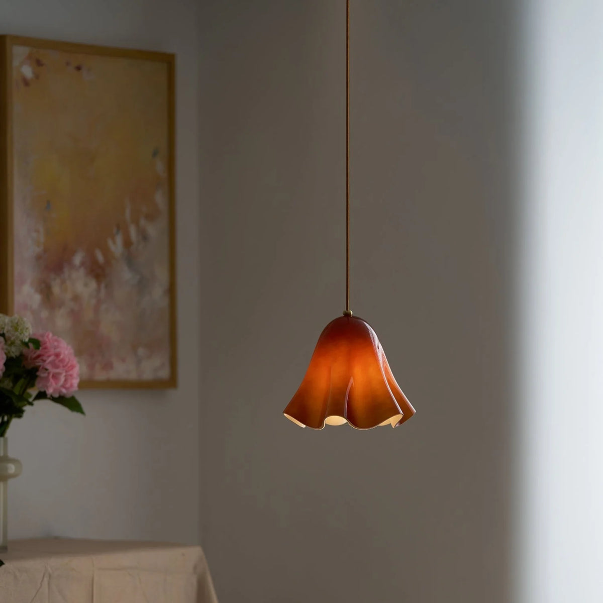 Pendant Light | Bell-Shaped Glass & Brass | Adjustable Cord, 11 in Diameter
