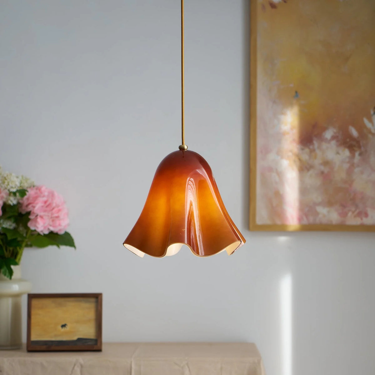 Pendant Light | Bell-Shaped Glass & Brass | Adjustable Cord, 11 in Diameter